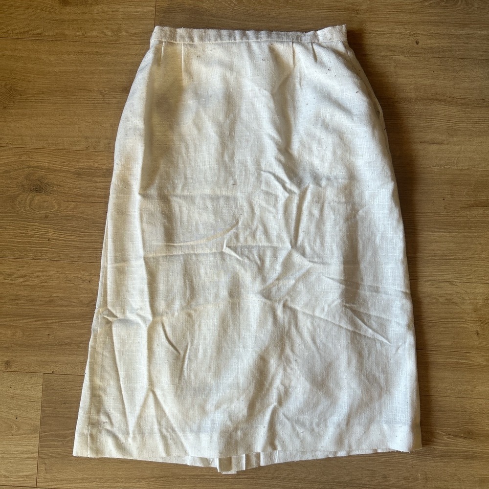 Vintage Cream Textured Linen Blend High Waisted Midi Skirt